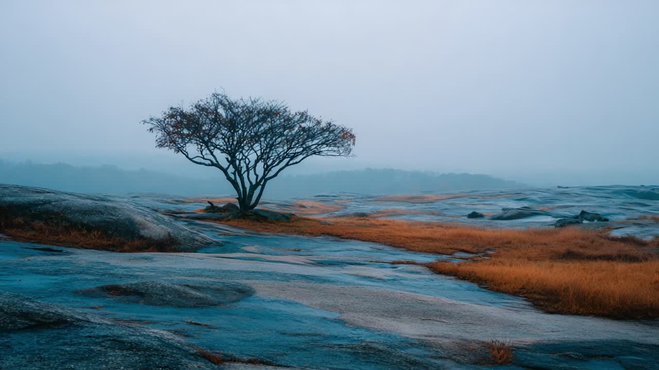 A solitary tree stands prominently on a misty rocky landscape, revealing the serene beauty of nature's quiet rhythm amidst a backdrop of muted colors and fog