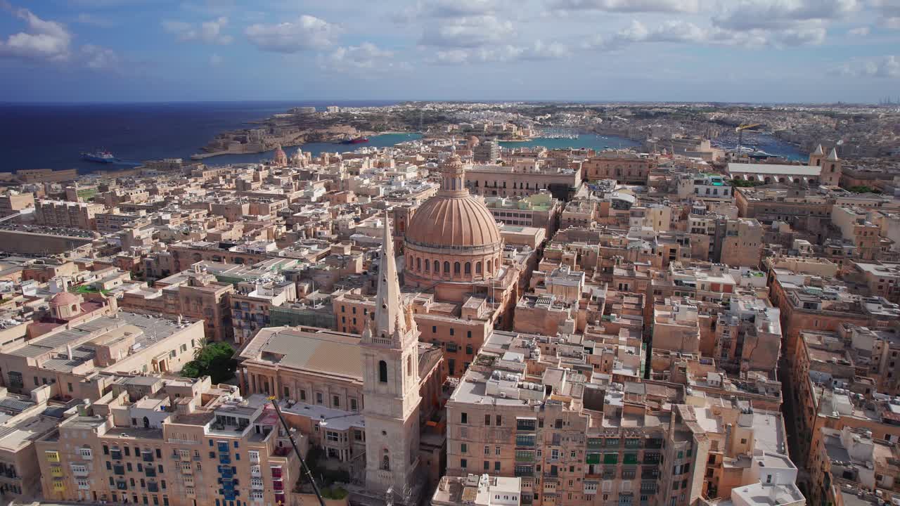 Smooth Aerial Orbit Around St Paul's Cathedral Dome in Valletta, Malta