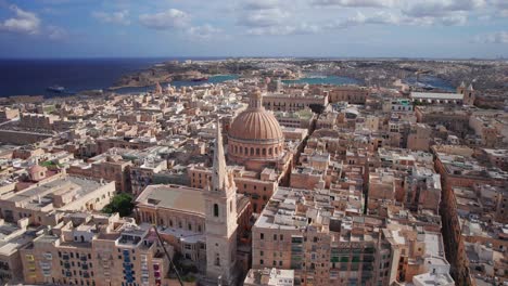 Smooth-Aerial-Orbit-Around-St-Paul's-Cathedral-Dome-in-Valletta,-Malta