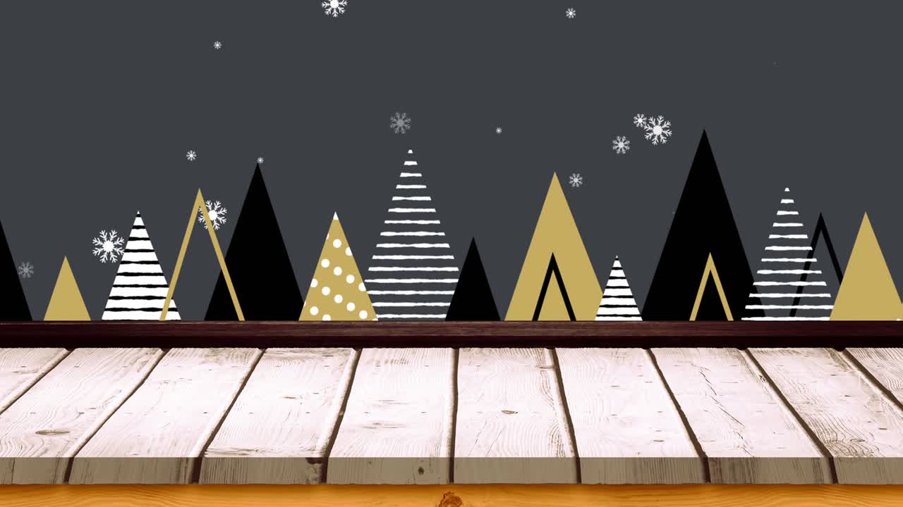 animación de árboles de navidad y nieve cayendo con superficie de madera sobre fondo gris