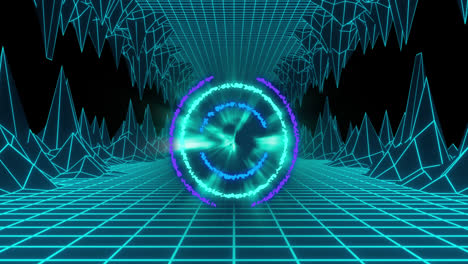 animation of neon circle with light over digital space with waves