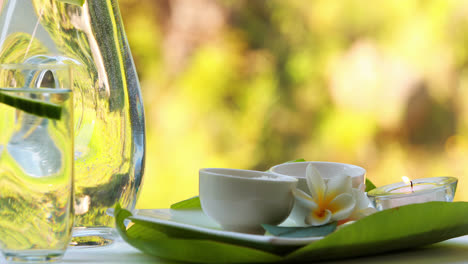 beauty treatment in bowls presented on plate with glass bottle