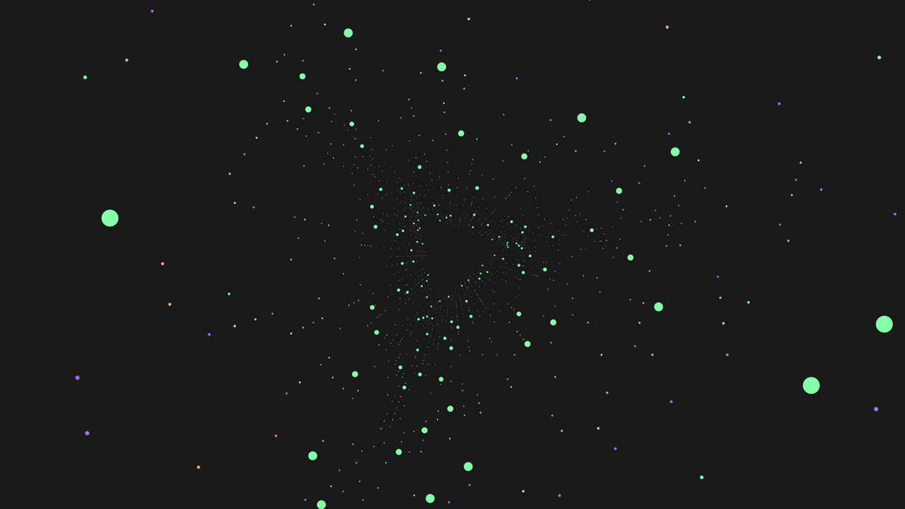 Campo di particelle astratto futuristico che forma una prospettiva di tunnel profondo con punti verdi luminosi fluttuanti su uno sfondo scuro, ideale per immagini di tecnologia, dati e fantascienza.
