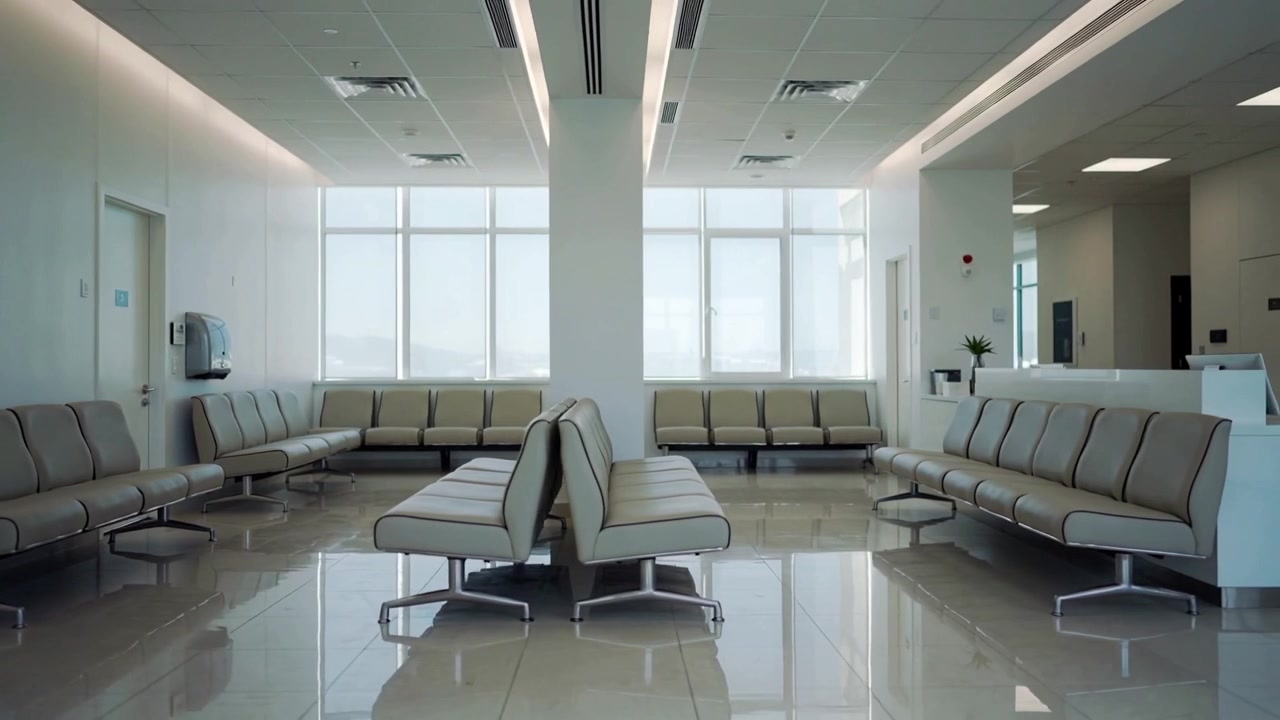 Inizio di una carrellata della telecamera che rivela una panca centrale nell'area d'attesa di una clinica, per poi mostrare la reception.