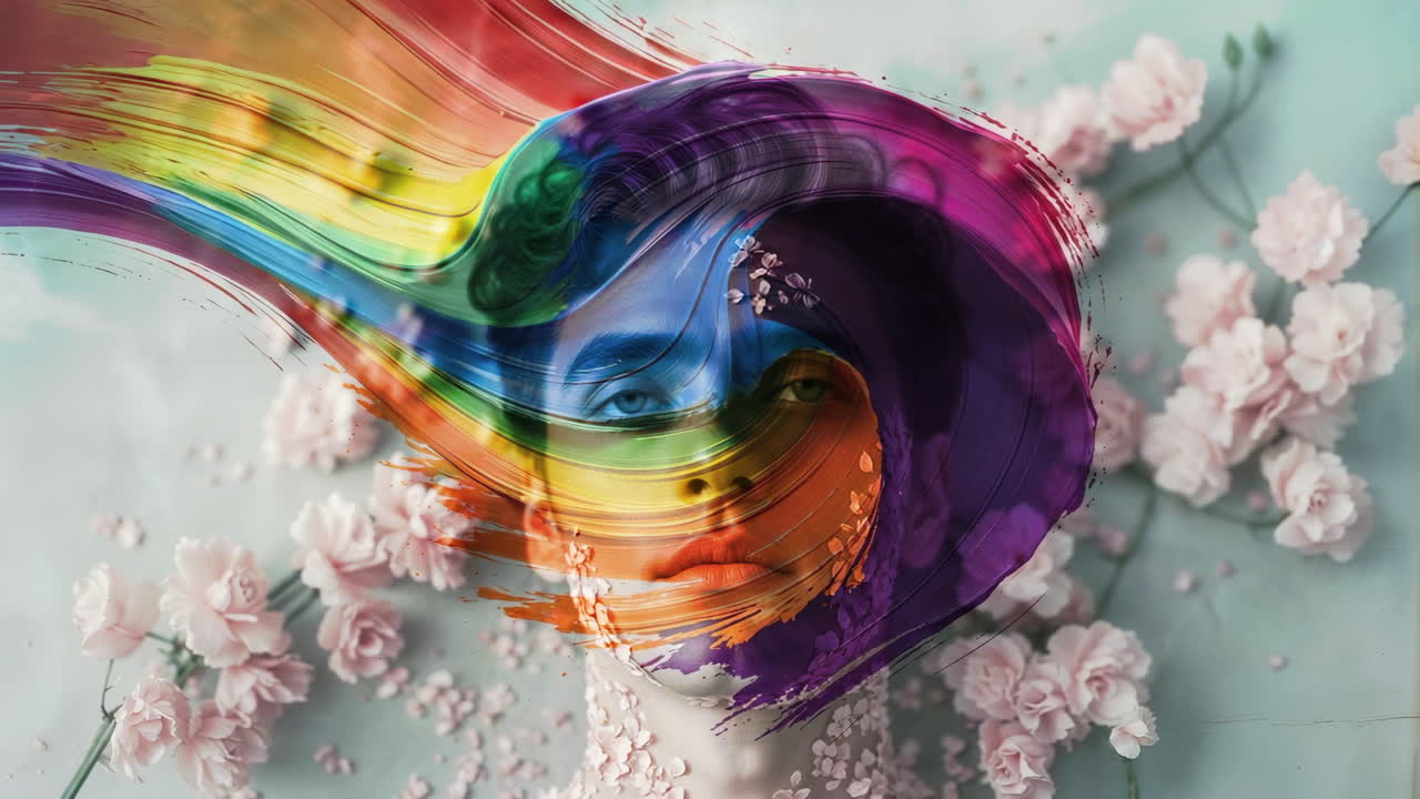 Vibrant Abstract Portrait with Rainbow Swirls and Cherry Blossoms