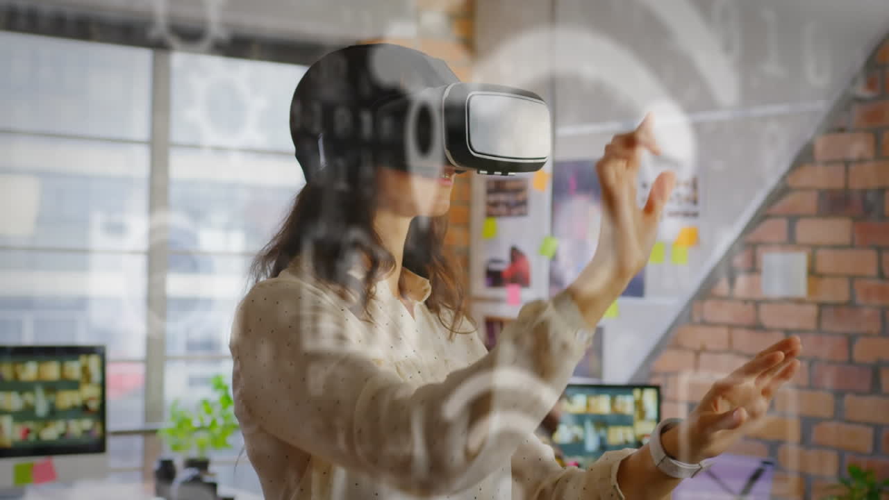 animaciones de engranajes en mujeres que llevan auriculares vr