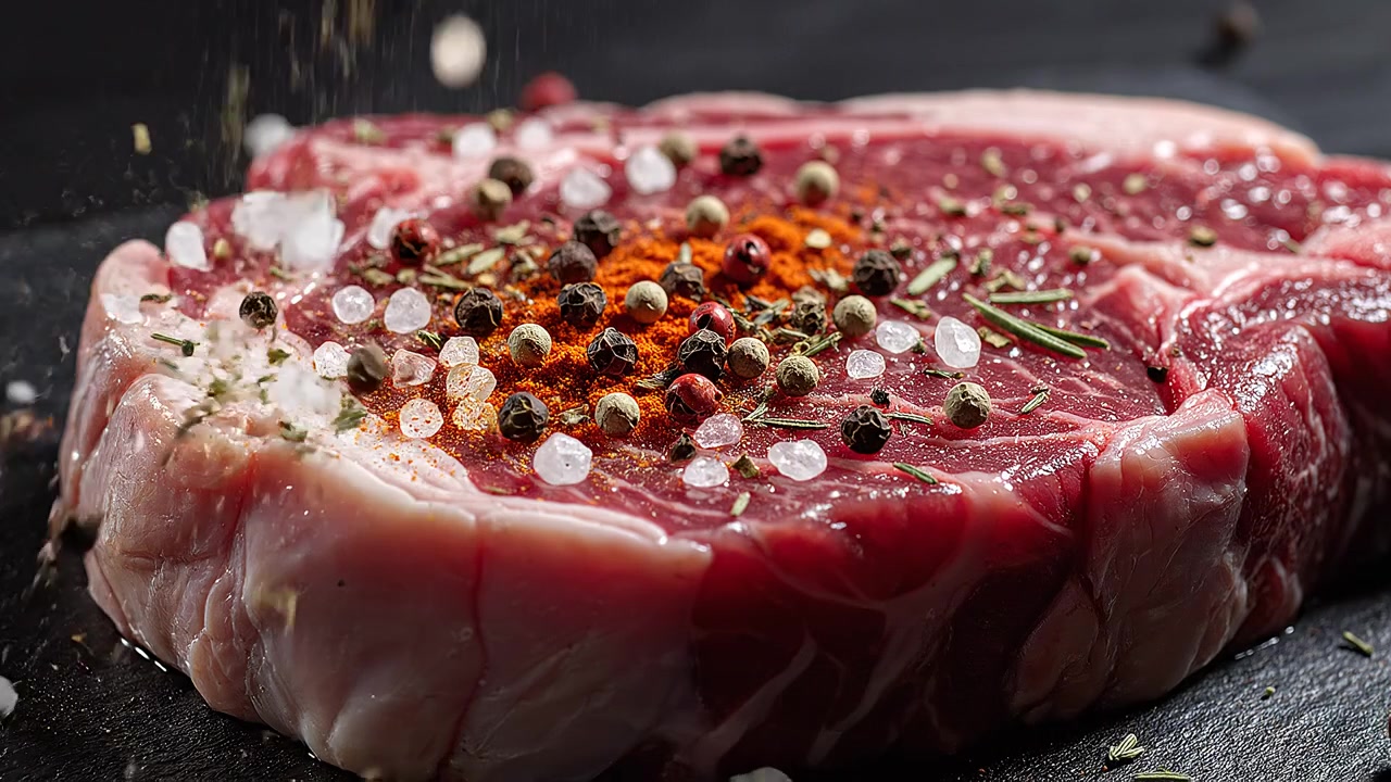 Raw ribeye beef steak being seasoned with salt and spices