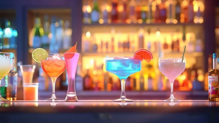 Cocktail colorati sul bancone di un bar, ripresi da una visuale dal basso