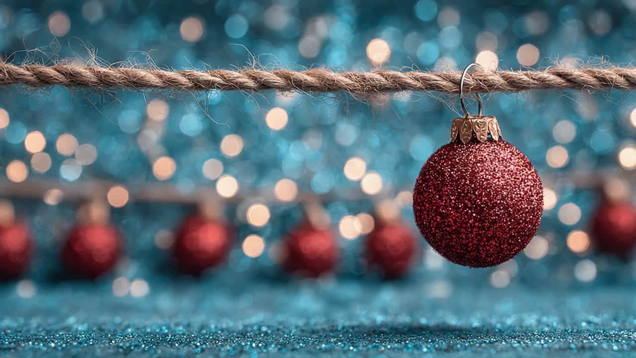 A Glimmering Christmas Decoration: Glittering Red Ornaments Hanging on a Twine with a Sparkling Blue Background Creating a Festive Holiday Atmosphere