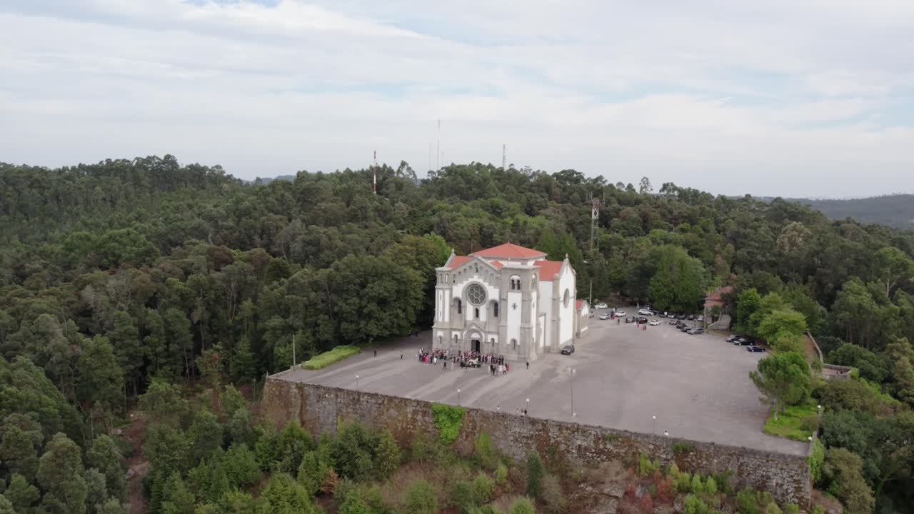 Drone view of hilltop sanctuary church in Paços de Ferreira Portugal