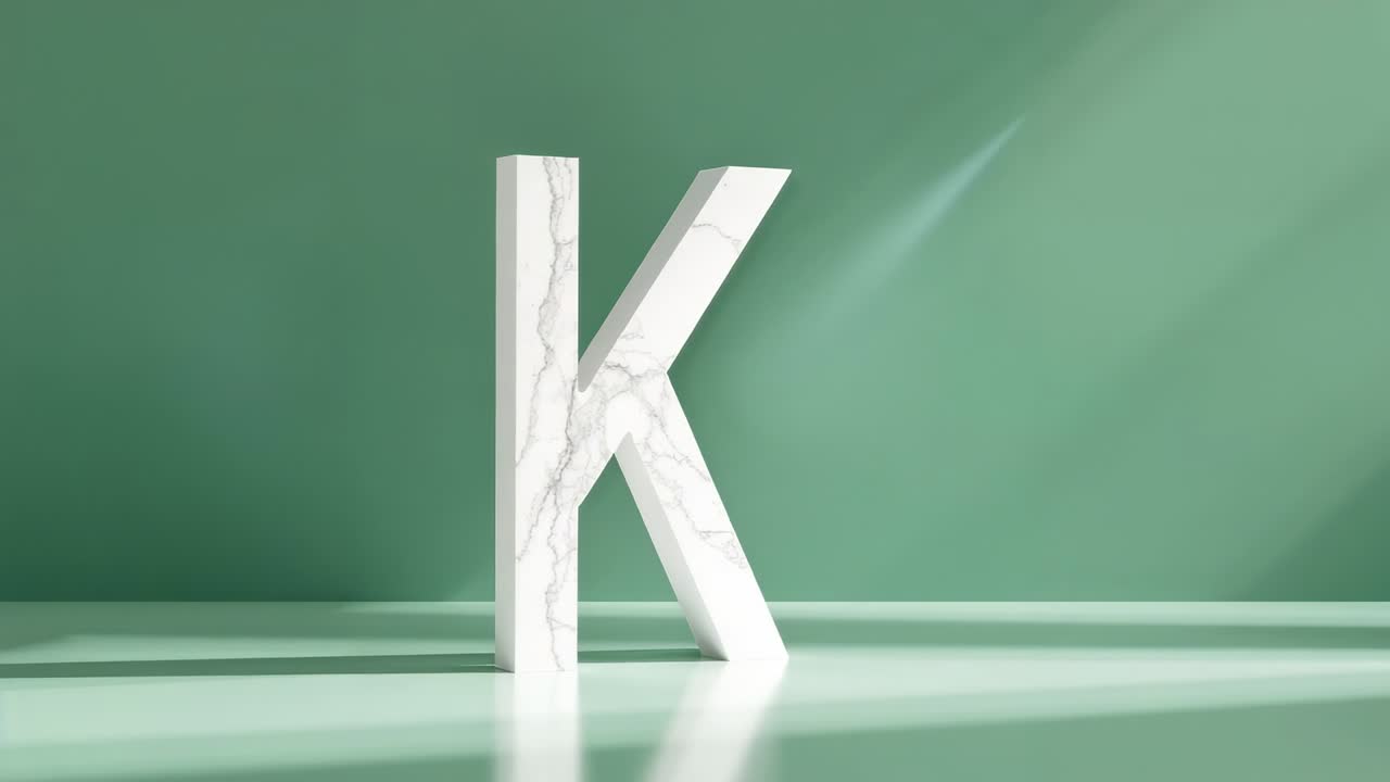 Rotating marble-textured letter K revealing depth on glossy green surface, with moving light shafts