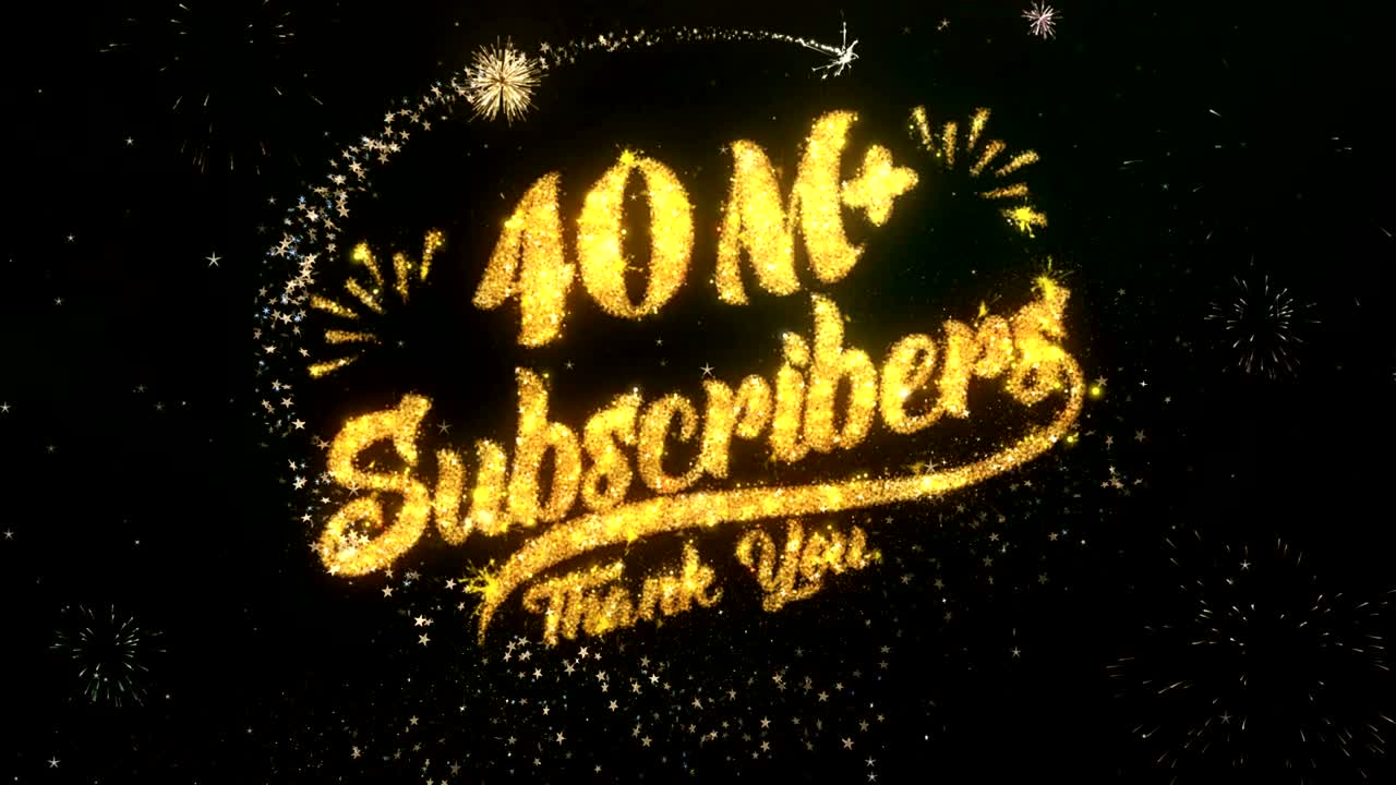 40m 가입자 인사 및 소원 카드는 반이는 입자 및 반이는 빛의 어두운 밤 하늘과 다채로운 불꽃놀이 4k 배경으로 만들어졌습니다.