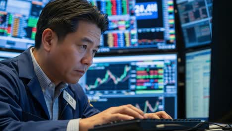 a focused trader analyzing market trends and data on multiple monitors in a high-pressure financial environment