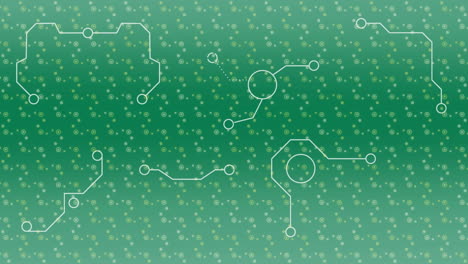 animación de formas geométricas sobre fondo verde con moléculas giratorias