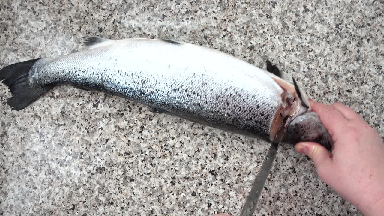 Cuoco che taglia il salmone.