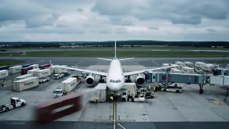 an airplane is parked at the airport, with cargo trucks unloading and loading goods. ground crew members are seen managing the operations as clouds loom overhead.