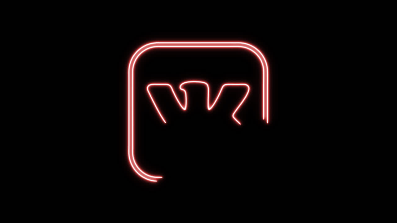 Animazione del logo del social media VK rosso neon su sfondo nero.