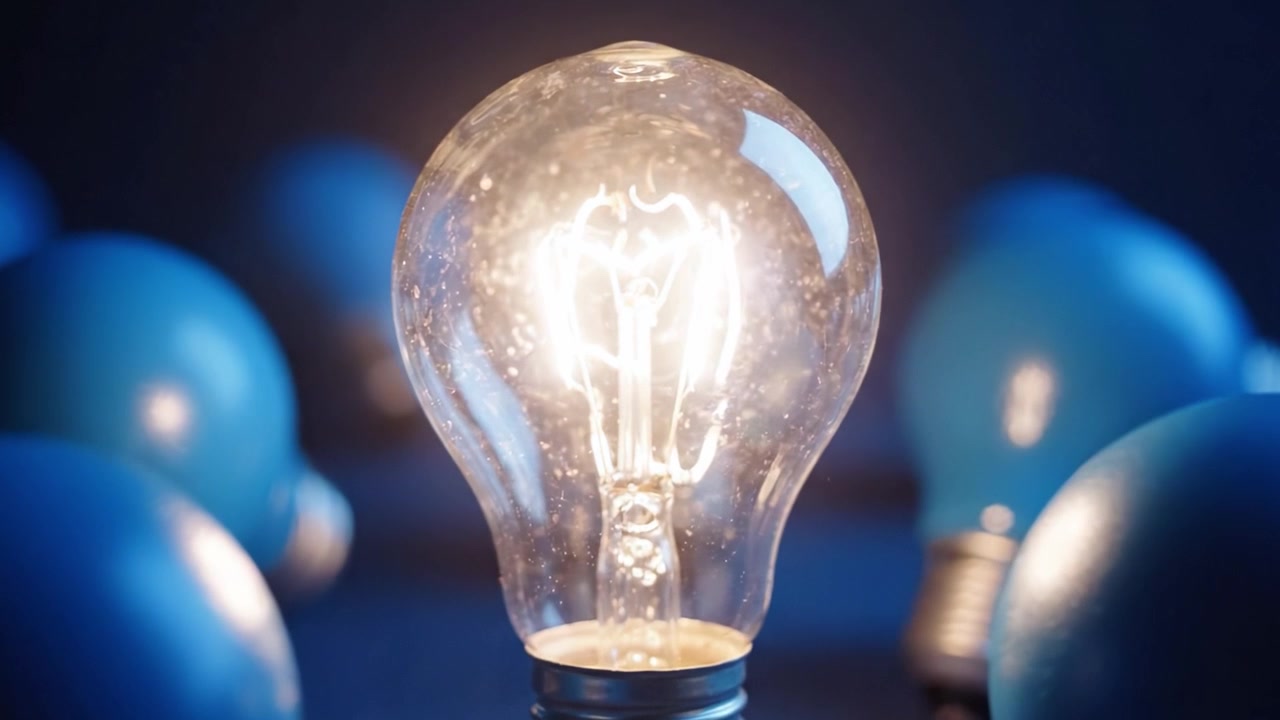 Uno scorcio mozzafiato di una lampadina illuminata circondata da sfere blu, che cattura l'essenza della creatività e dell'ispirazione in un ambiente unico.