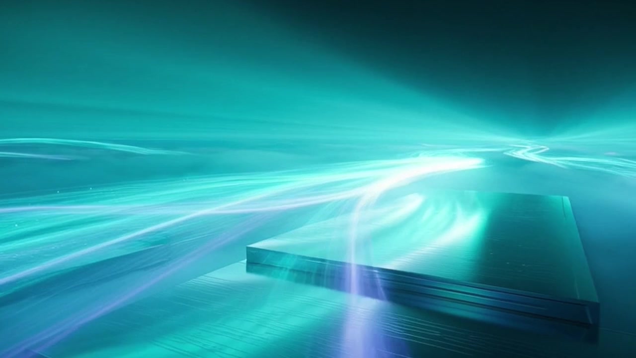 Abstract Motion Background with Glowing Teal Light Trails and Geometric Platforms