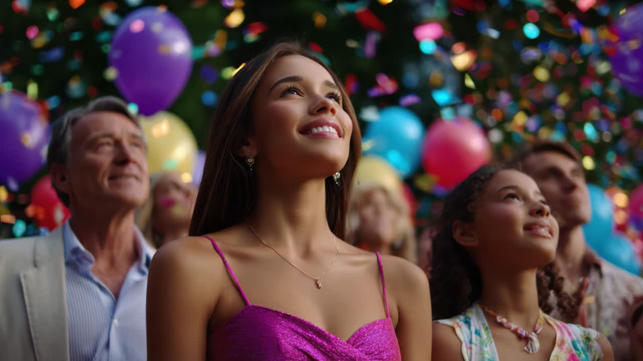 Group of people celebrating with confetti and balloons