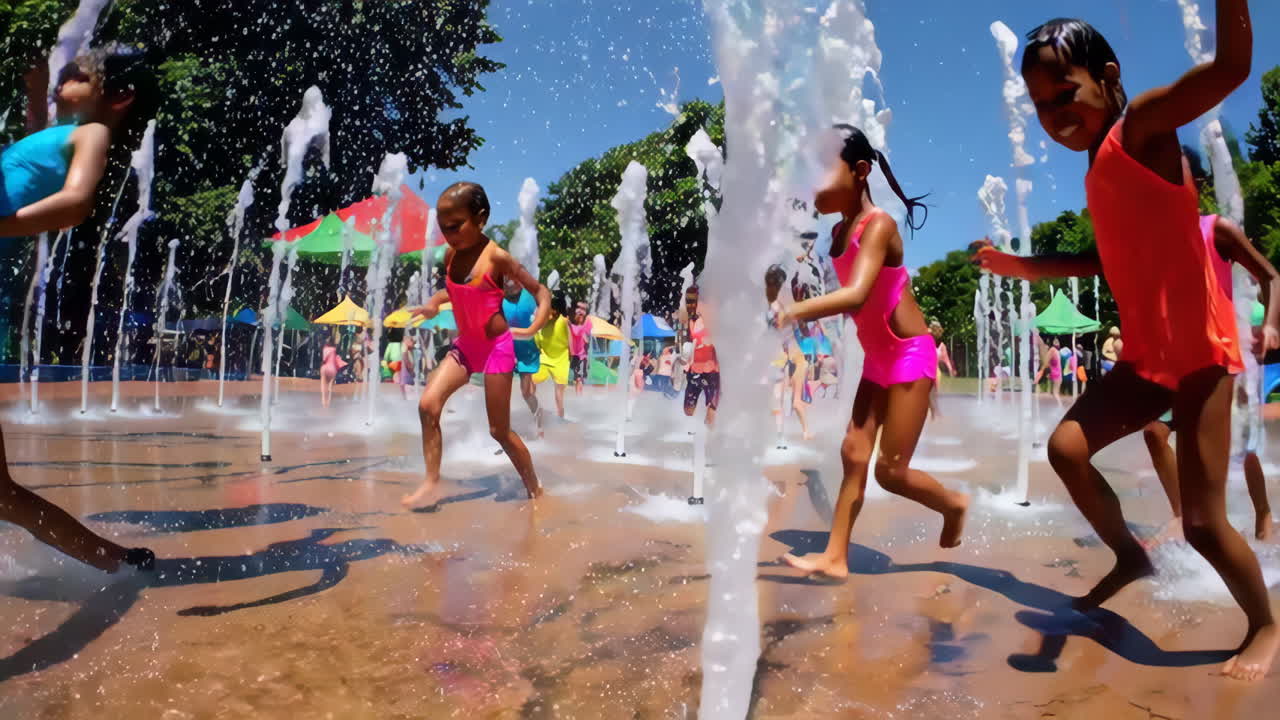 Children Playing in a Water Park Fountain