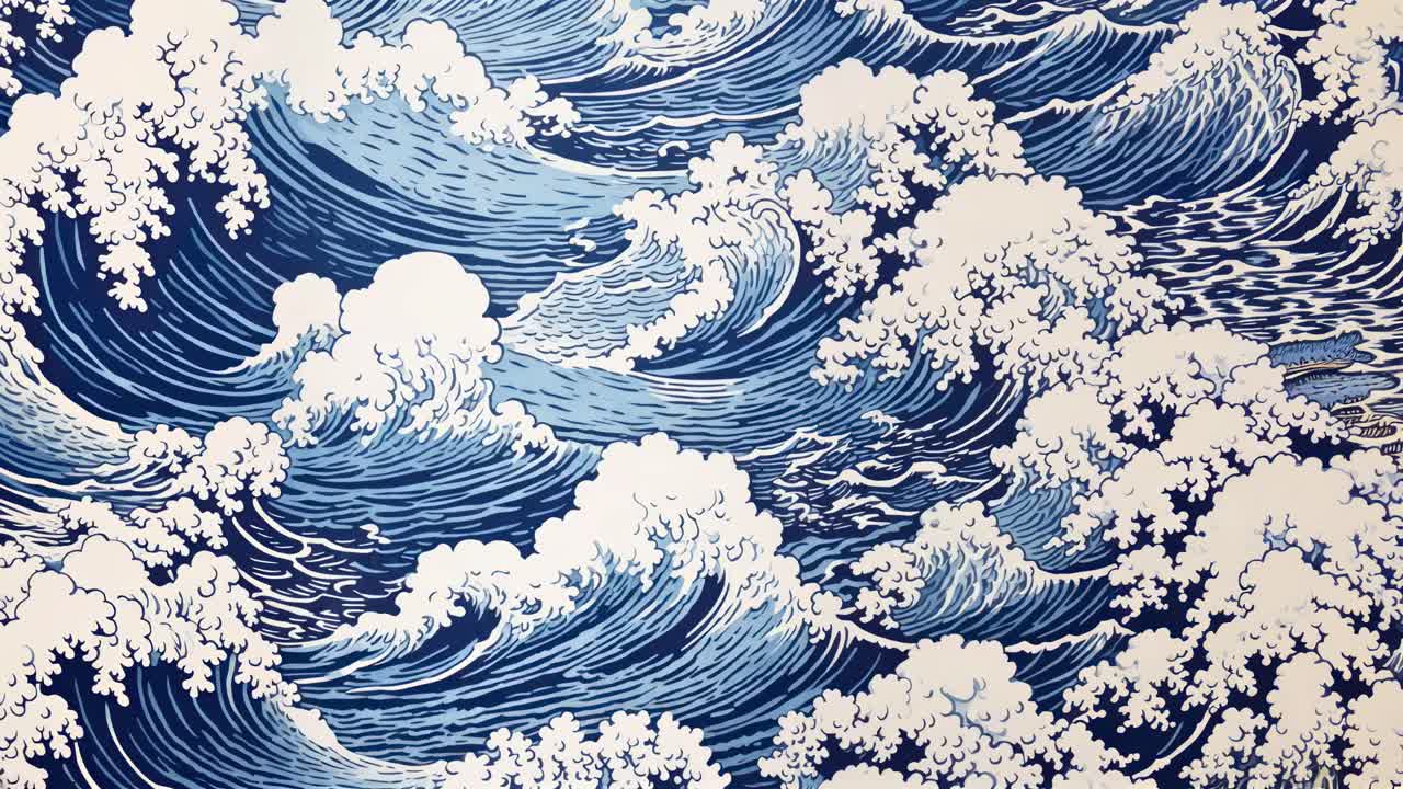 Vue aérienne d’un motif de vagues dans un style artistique japonais, ressemblant à une gravure sur bois classique