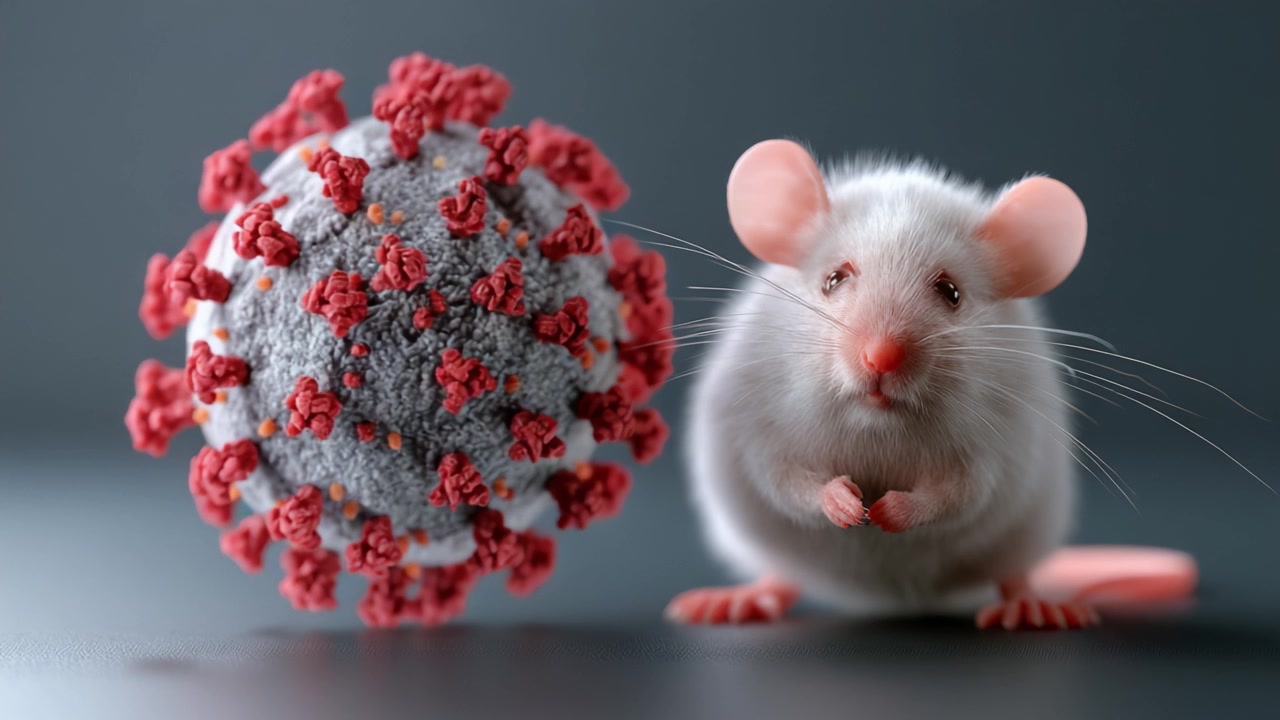A captivating close-up of a cute mouse alongside a detailed representation of a virus, showcasing the intersection of biology and science in an engaging and educational manner.