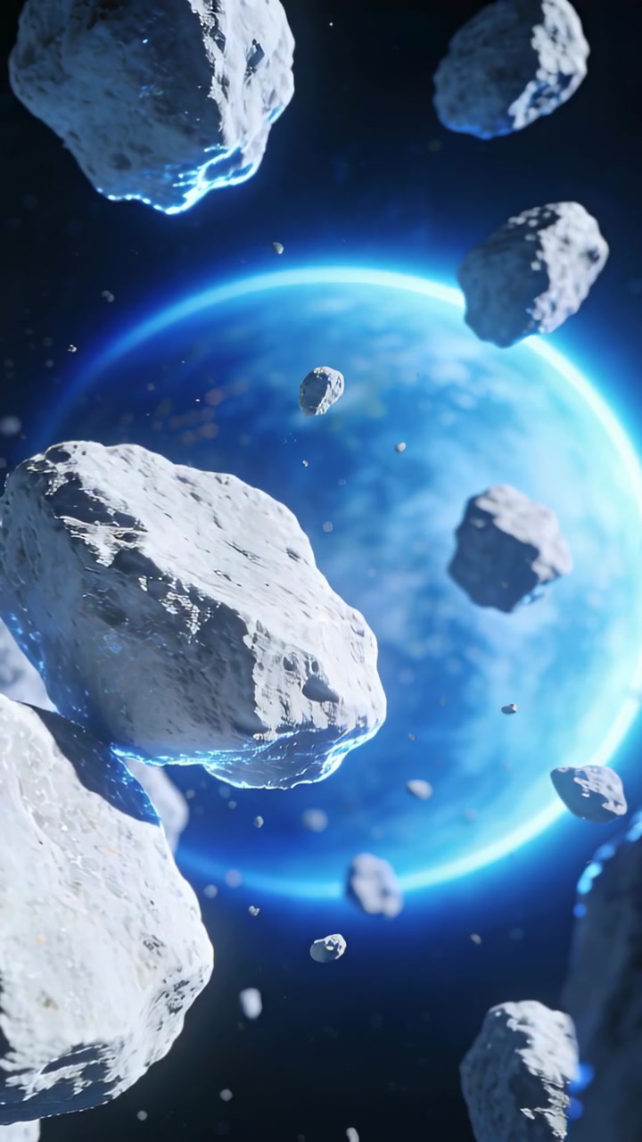 Vertical video: Panning camera revealing drifting asteroid cluster around blue planet, adding depth