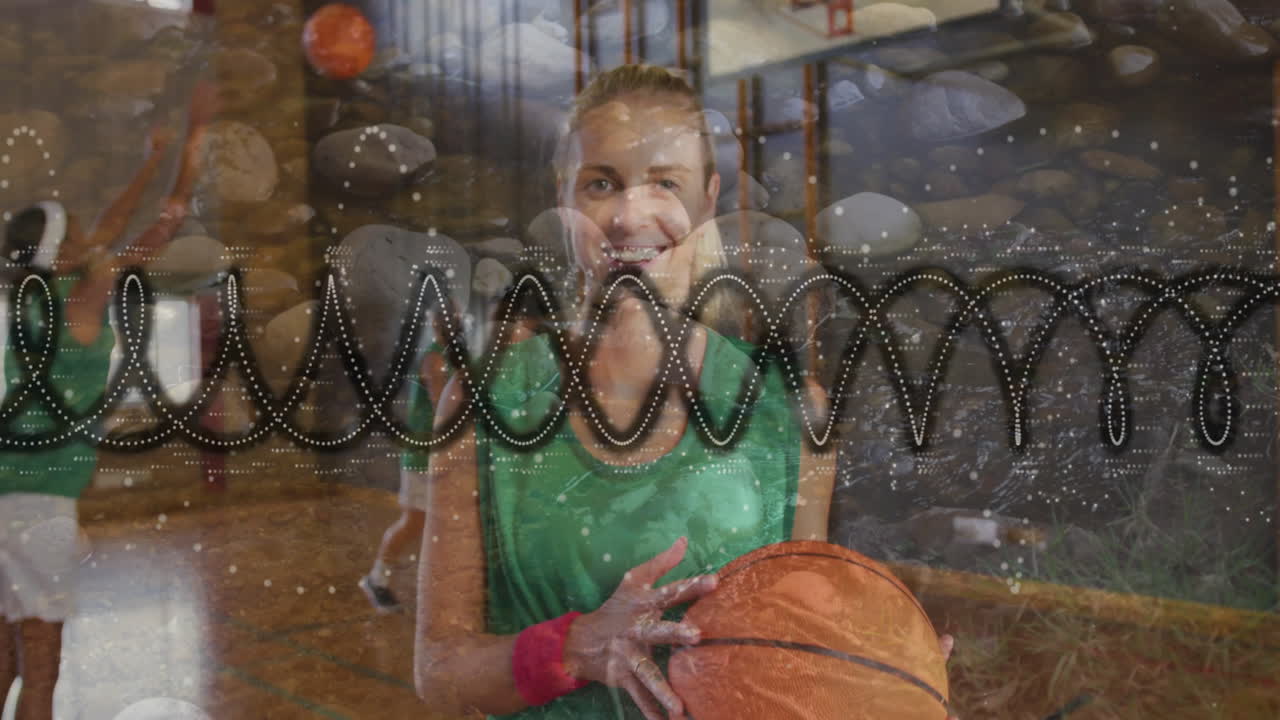 Holding basketball, athlete smiling with scientific wave animation overlay