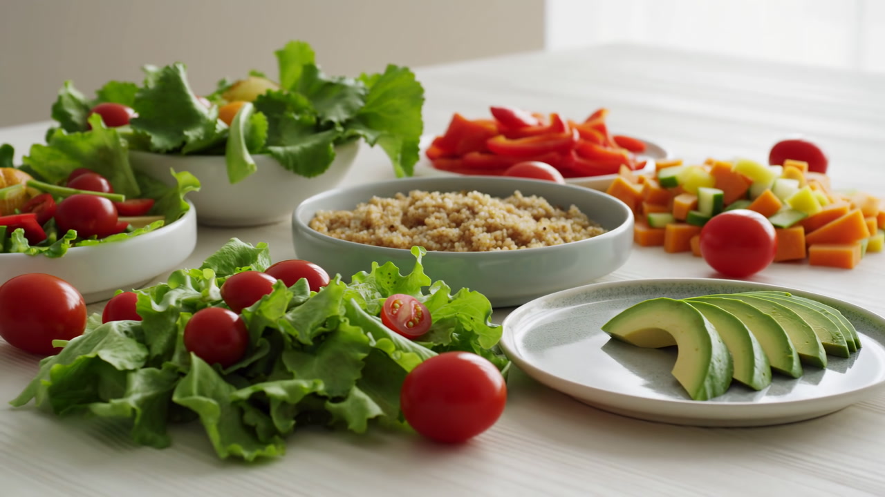 Avocado Slices Quinoa Bowl Fresh Salad On Light Wooden Table, Cherry Tomatoes, Lettuce Leaves, Diced Peppers
