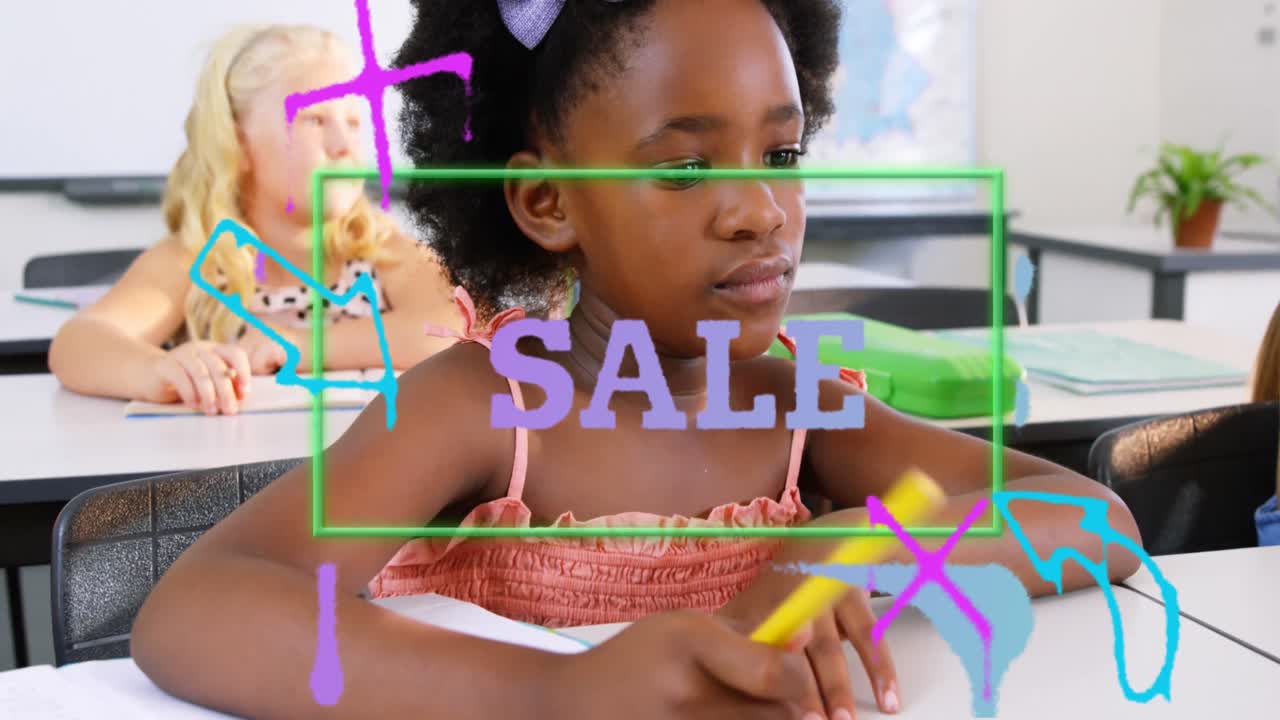 다양한 학교 학생들을 대상으로 판매 텍스트와 모양의 애니메이션