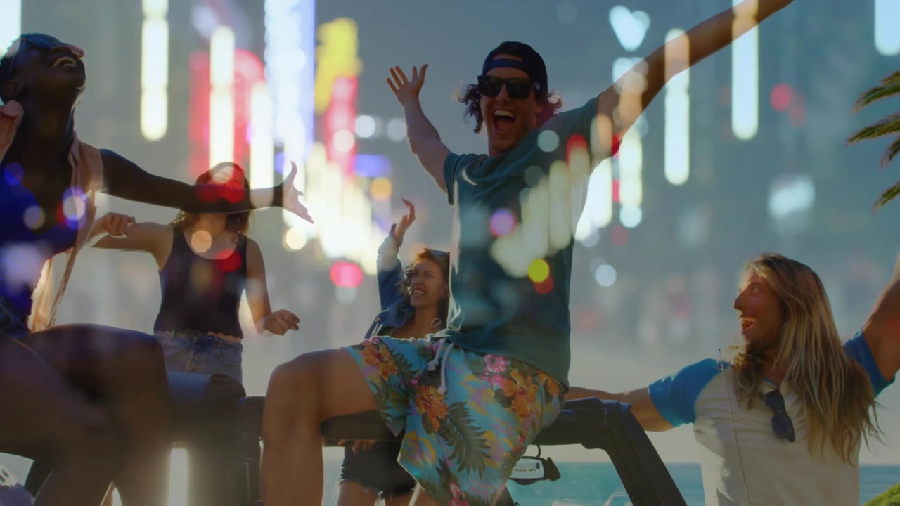 Friends climbing onto convertible and dancing for travel marketing with animated light bars rising