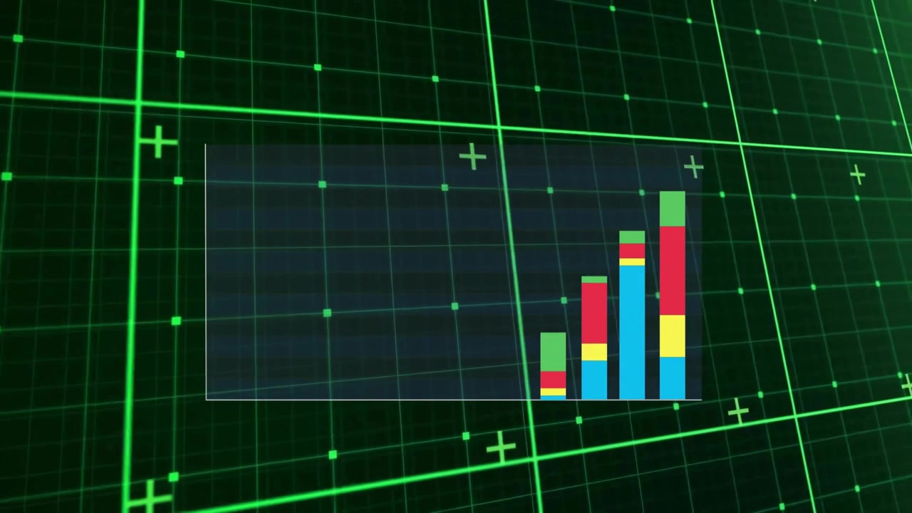 Animazione dell'elaborazione di dati finanziari su sfondo scuro