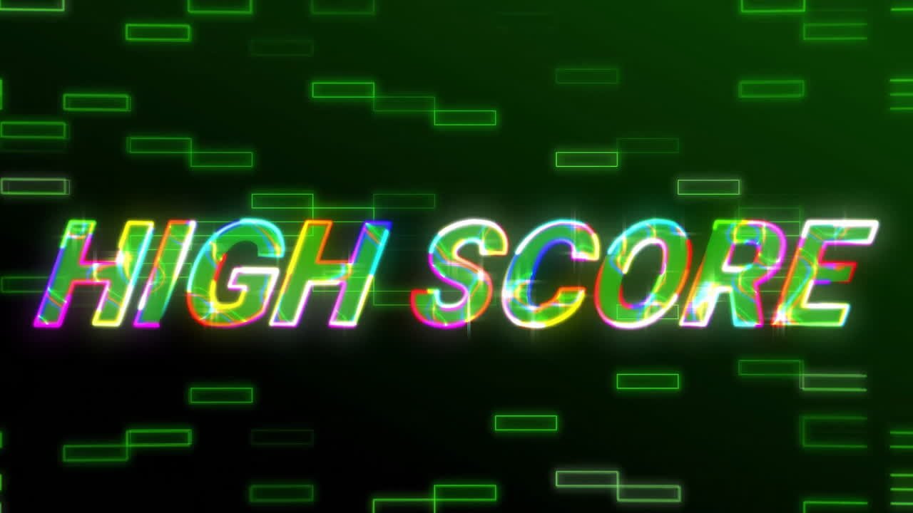 High score text glowing with colorful neon animation over green background