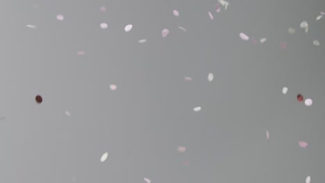 Stationary-Shot-of-Pink-and-White-Confetti-Falling-Against-a-Grey-Background