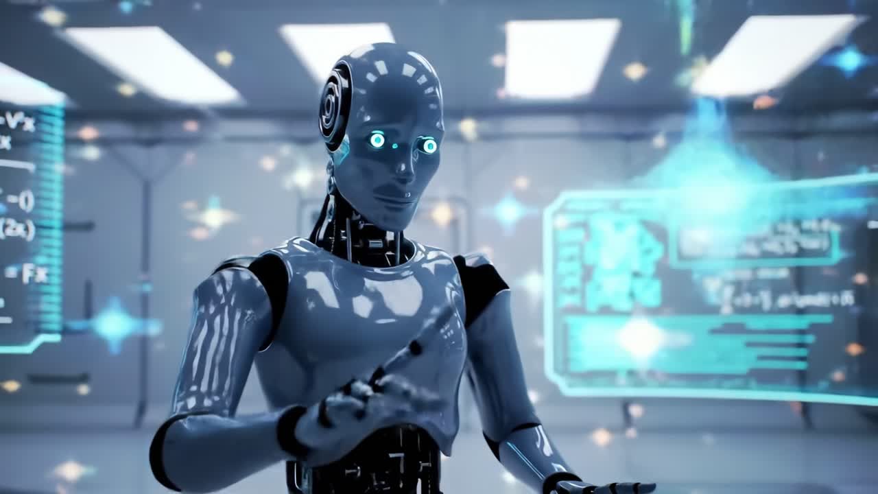 Inside a high-tech laboratory, a sleek robot with glowing eyes interacts with digital displays and advanced data.