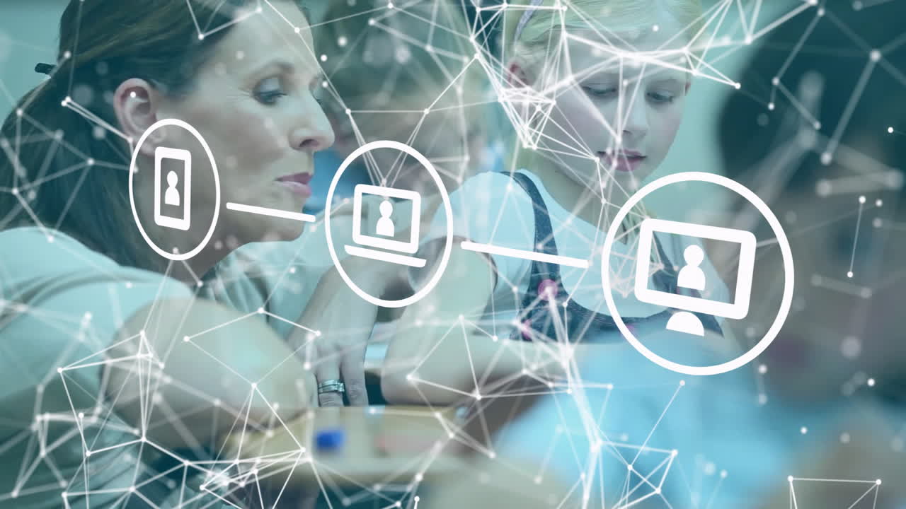 교실에서 다양한 학교 학생과 여성 교사에 대한 아이콘 네트워크의 애니메이션