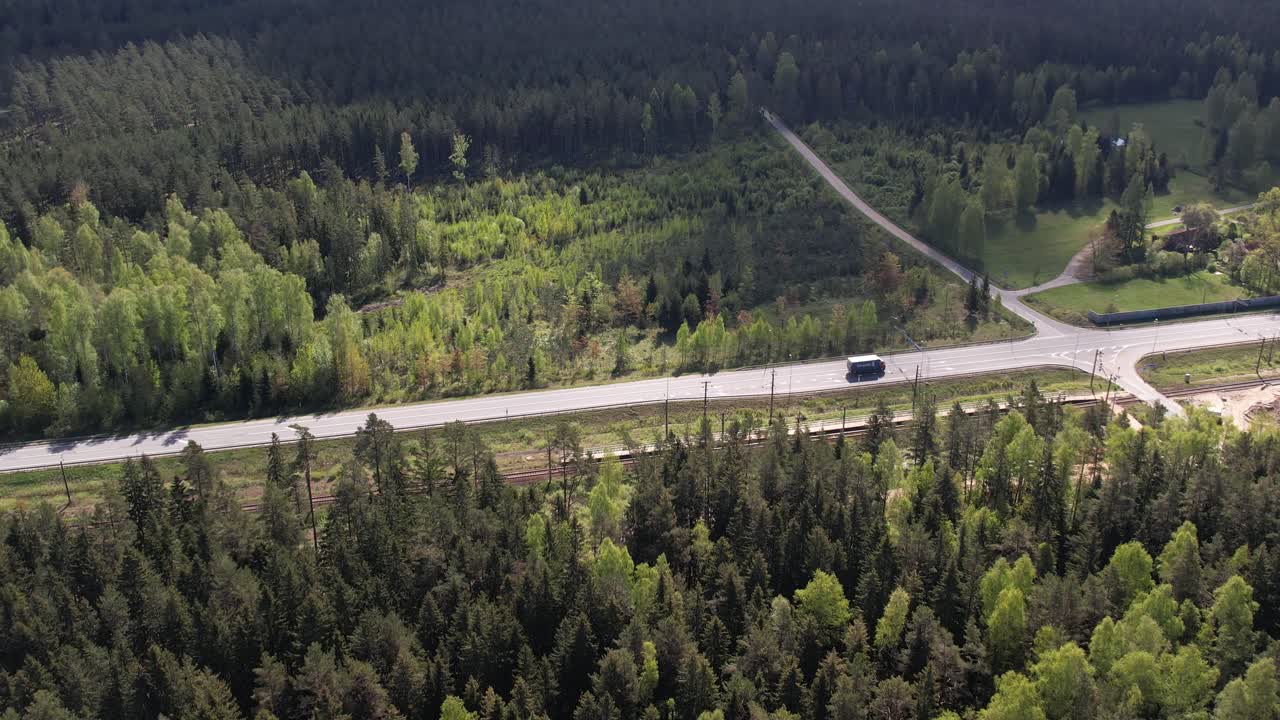 Aerial View of a Road and Railway Running Through a Forest