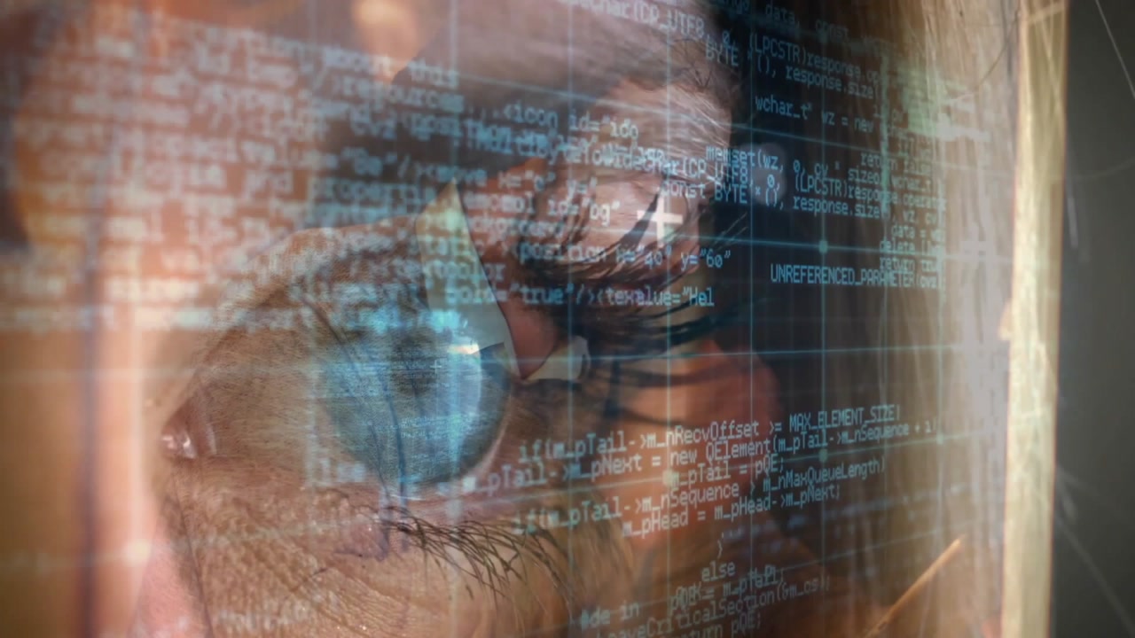 Coder opening eye initiating typing overlay revealing code streams for focused technology immersion