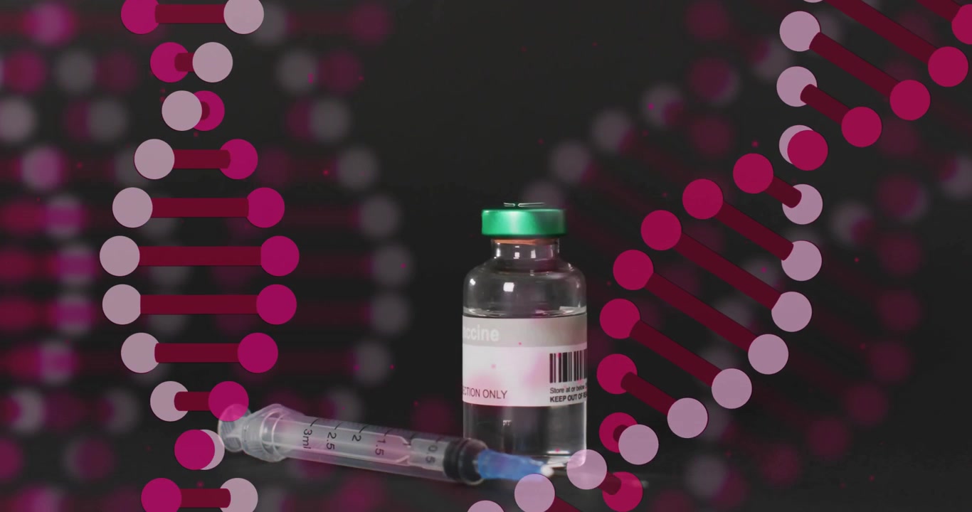 Animazione di filamenti di DNA ed elaborazione dati su sfondo di vaccinazione