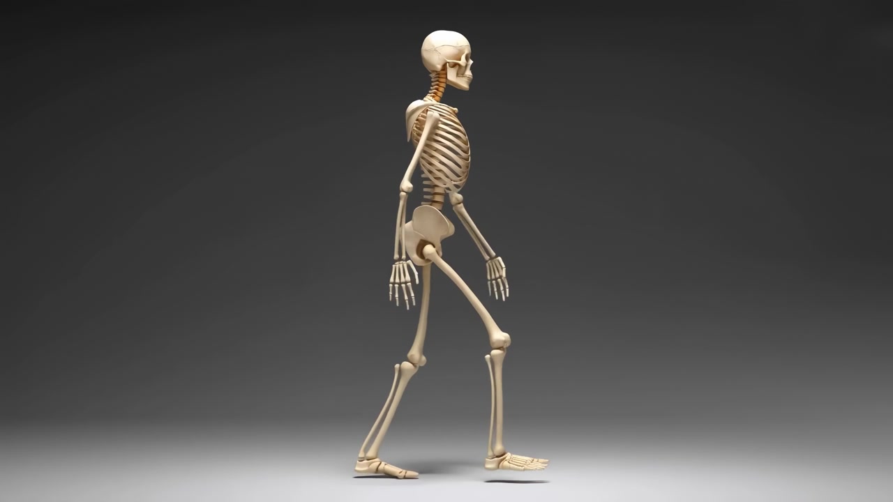 A human skeleton is shown in profile mid-stride against a dark studio background, with one leg forward and one arm swinging. Soft lighting highlights the bone