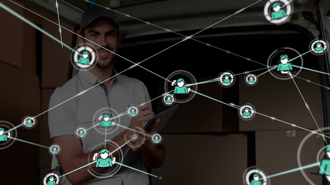 persona de entrega escribiendo en el portapapeles, conexiones de red animación sobre el fondo