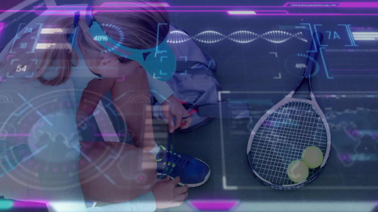 female tennis player tying shoelaces on outdoor hardcourt, with sports tech HUD metrics floating
