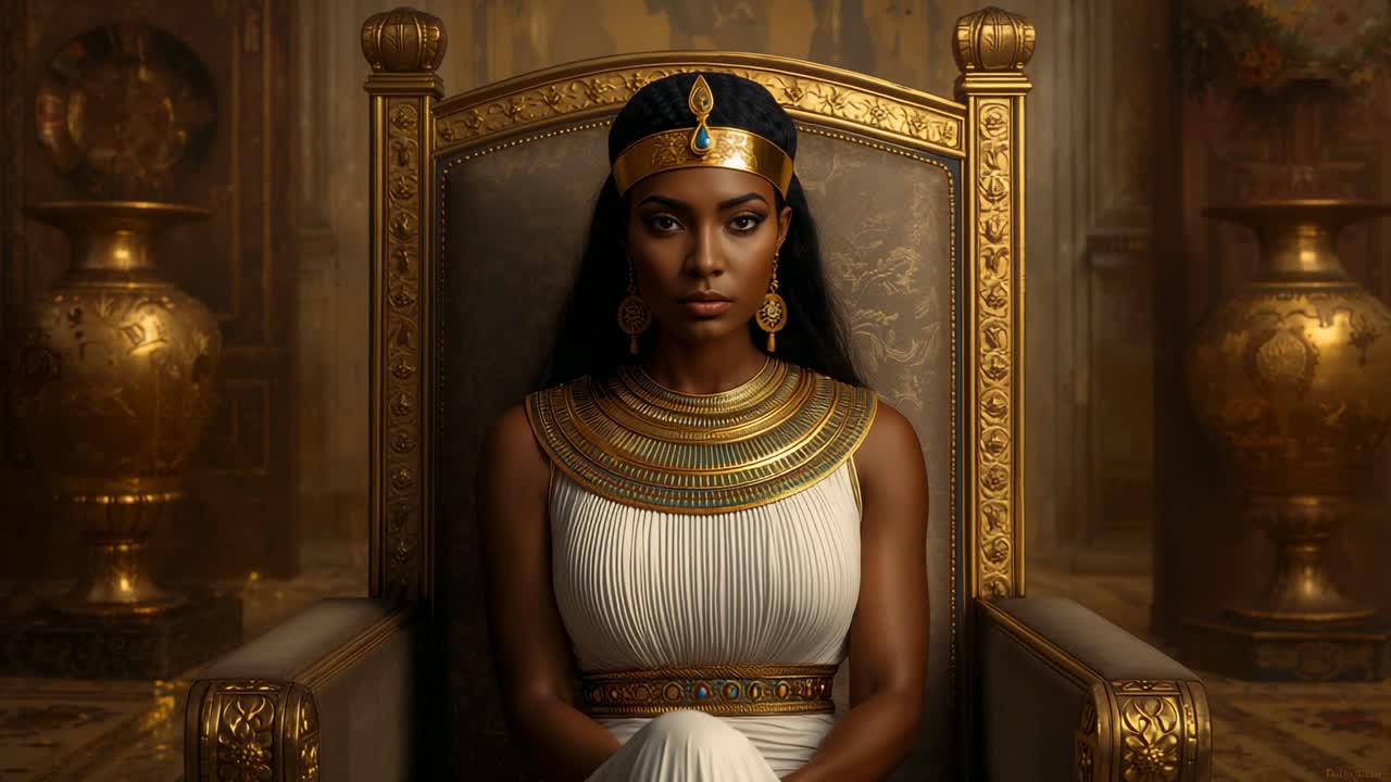 Sitting regal queen still on ornate throne in palace, then blinking slowly, showcasing golden urns