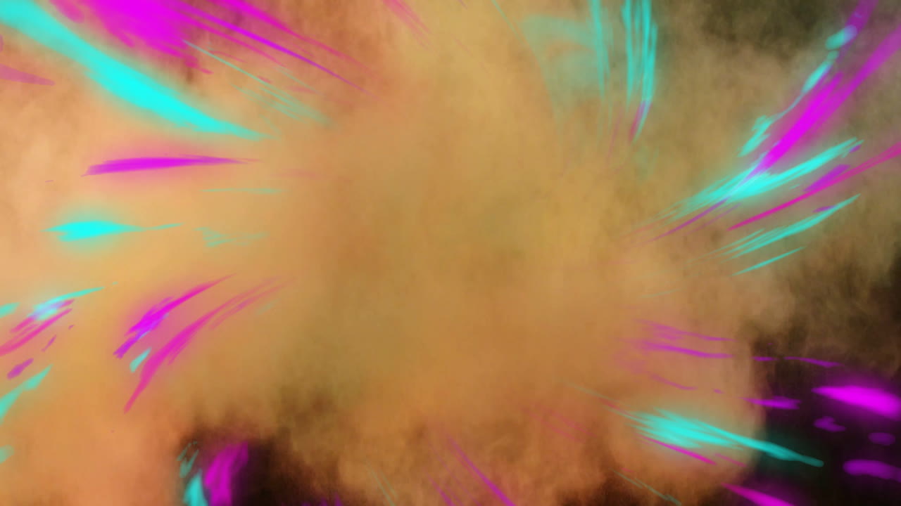 Orange powder cloud erupting with magenta cyan streaks blending into dark backdrop in 3D render