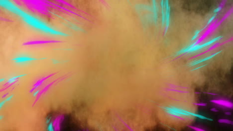 orange powder cloud erupting with magenta cyan streaks blending into dark backdrop in 3d render