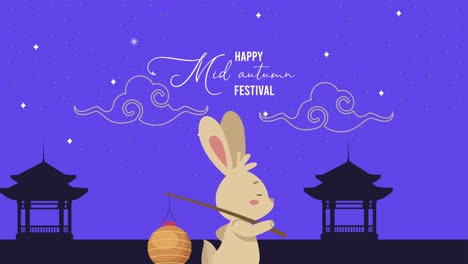 feliz festival de mediados de otoño letras con conejo lindo caminando