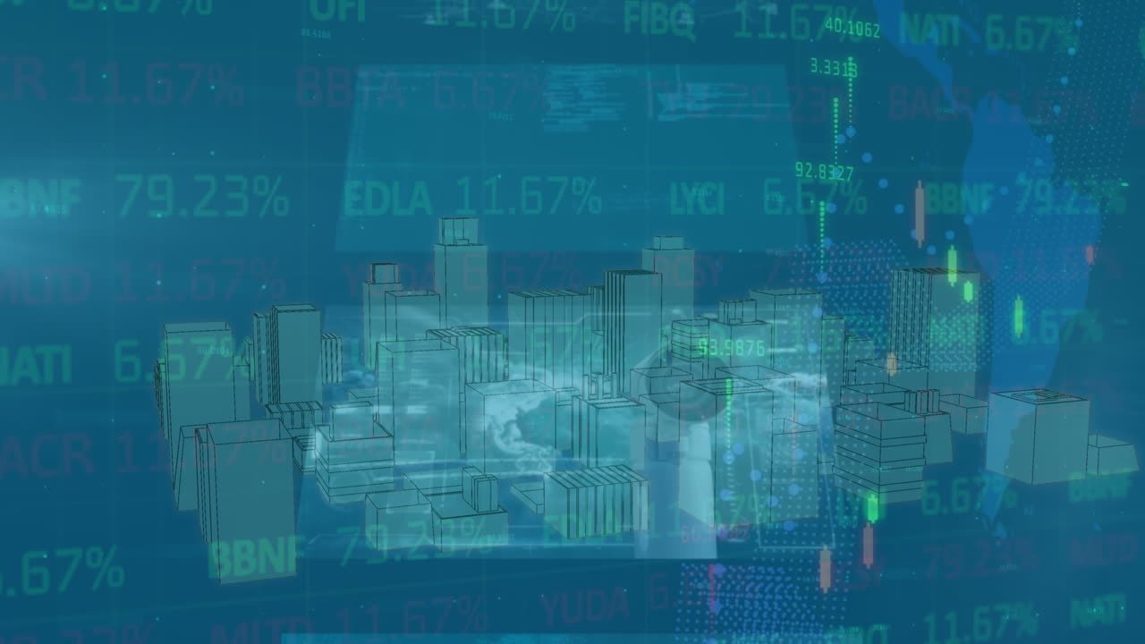 Animation of metaverse city, data on screens and financial graphs in blue space