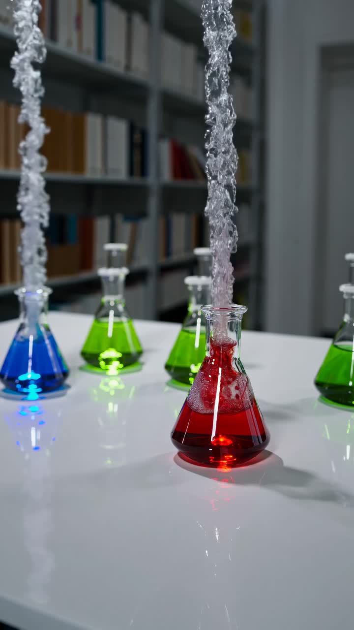A dynamic video shot of colorful liquids bubbling in flasks on a lab table, captured from a low