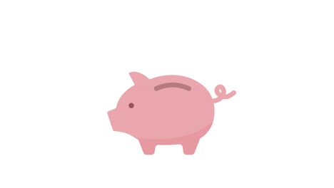 an animation of money going into a piggy bank. the illustration is flat and simple.